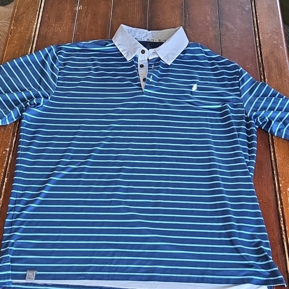 Men's Striped Navy and Teal Polo with Contrast Collar